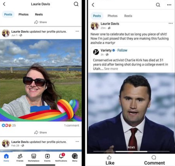 Laurie Davis, a current Massachusetts teacher at Sharon High School & a former teacher in Middleboro, openly celebrated the death of conservative voice Charlie Kirk